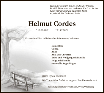 Traueranzeige von Helmut Cordes von SYK