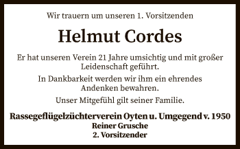 Traueranzeige von Helmut Cordes von SYK