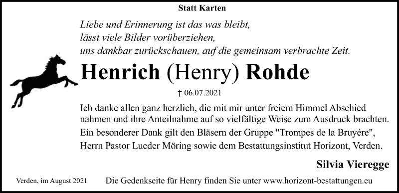  Traueranzeige für Henrich Rohde vom 28.08.2021 aus SYK