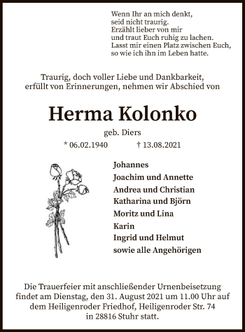 Traueranzeige von Herma Kolonko von SYK