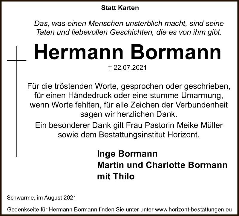  Traueranzeige für Hermann Bormann vom 21.08.2021 aus SYK