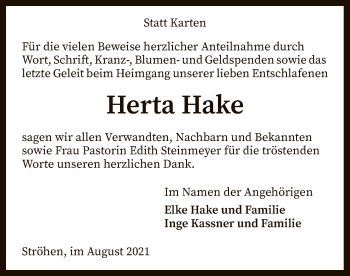 Traueranzeige von Herta Hake von SYK