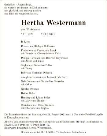 Traueranzeige von Hertha Westermann von SYK