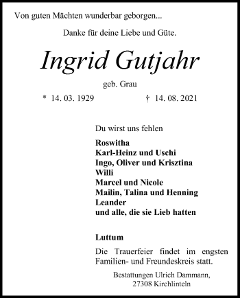 Traueranzeige von Ingrid Gutjahr von SYK