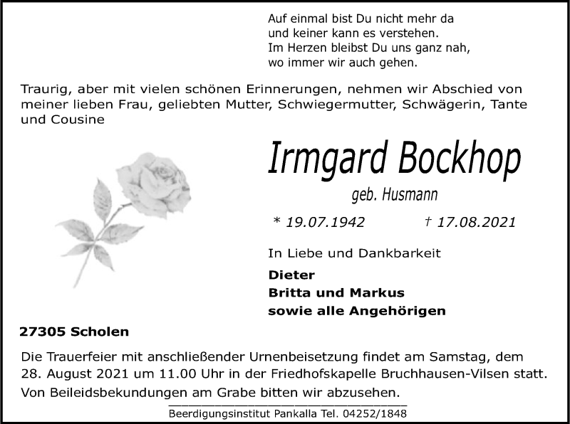  Traueranzeige für Irmgard Bockhop vom 21.08.2021 aus SYK