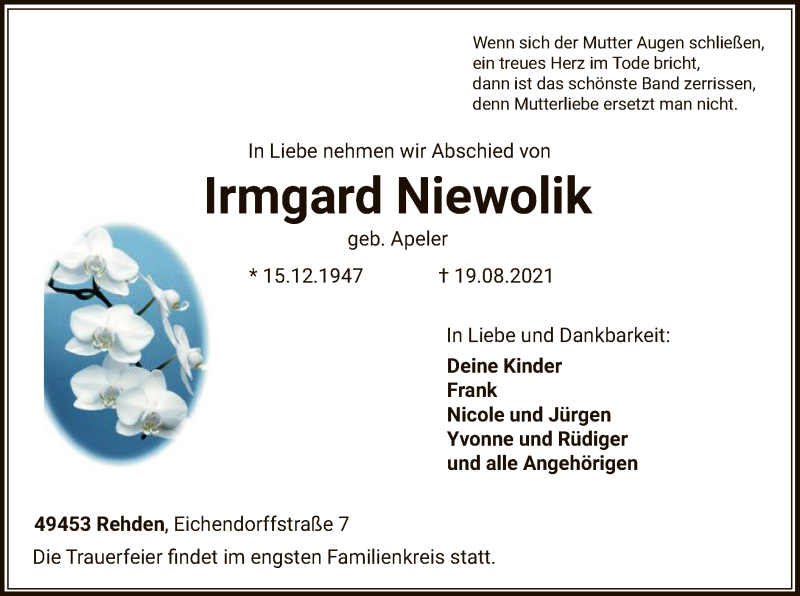  Traueranzeige für Irmgard Niewolik vom 25.08.2021 aus SYK