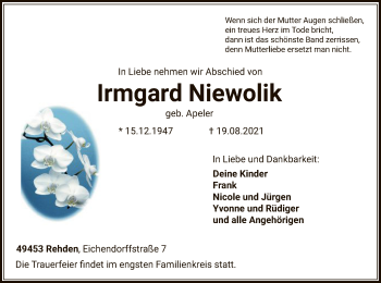 Traueranzeige von Irmgard Niewolik von SYK