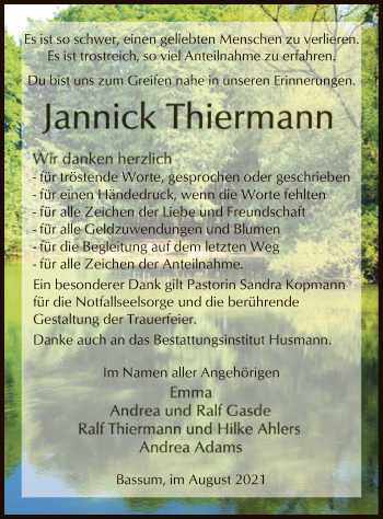 Traueranzeige von Jannick Thiermann von SYK