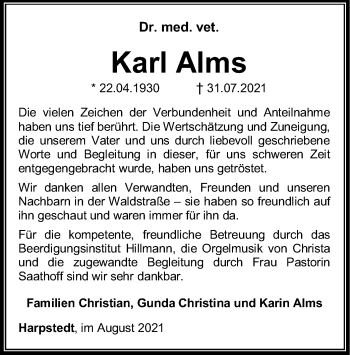 Traueranzeige von Karl Alms von SYK