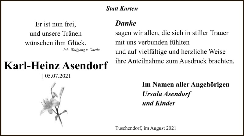  Traueranzeige für Karl-Heinz Asendorf vom 21.08.2021 aus SYK