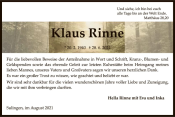 Traueranzeige von Klaus Rinne von SYK