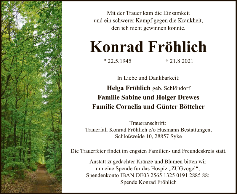  Traueranzeige für Konrad Fröhlich vom 28.08.2021 aus SYK