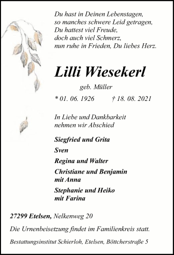 Traueranzeige von Lilli Wiesekerl von SYK