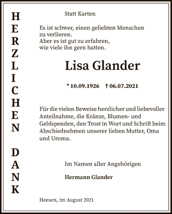 Traueranzeige von Lisa Glander von SYK