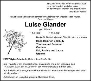 Traueranzeige von Luise Glander von SYK