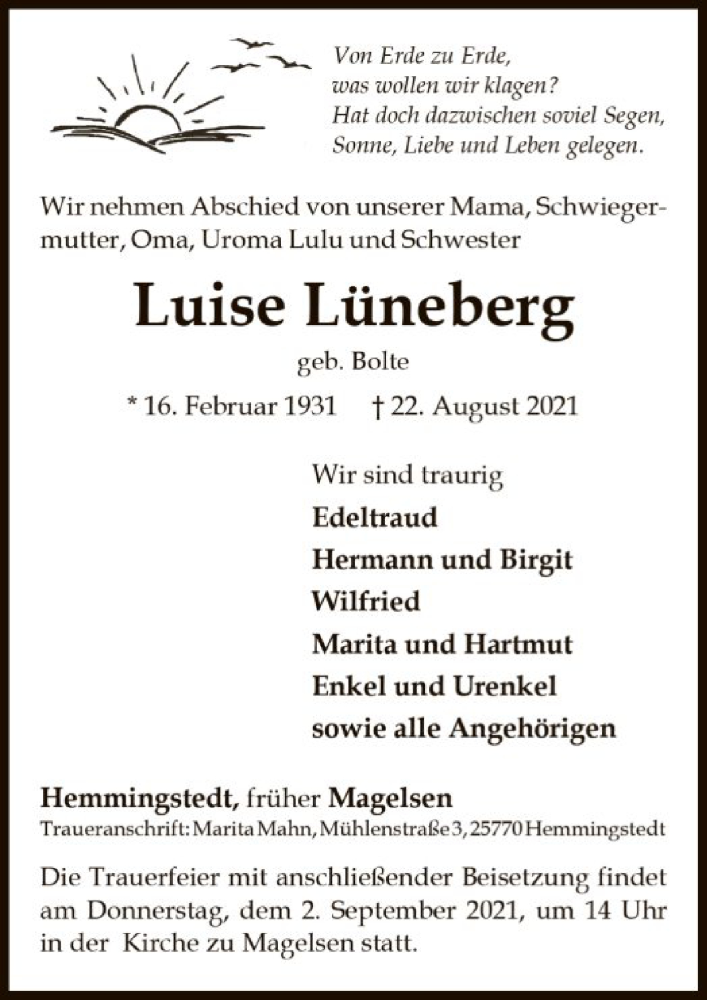  Traueranzeige für Luise Lüneberg vom 26.08.2021 aus SYK