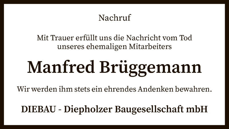  Traueranzeige für Manfred Brüggemann vom 07.08.2021 aus SYK