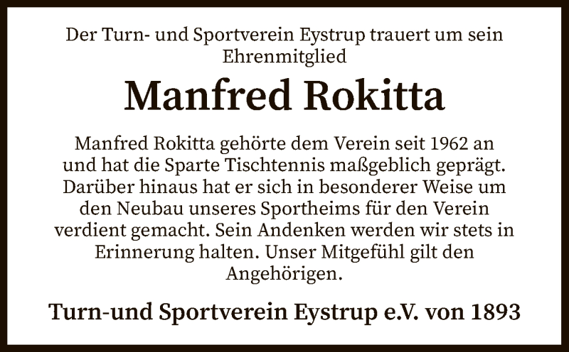  Traueranzeige für Manfred Rokitta vom 07.08.2021 aus SYK