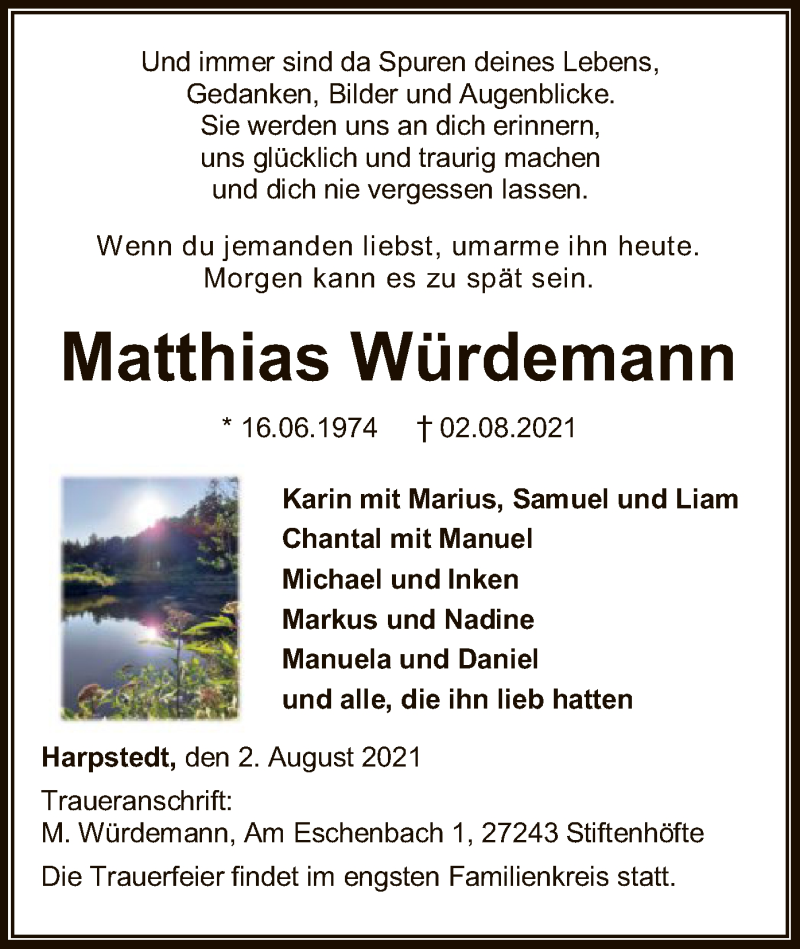  Traueranzeige für Matthias Würdemann vom 07.08.2021 aus SYK