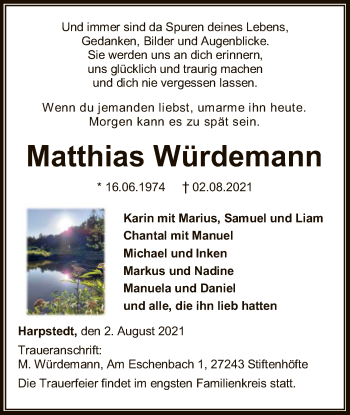 Traueranzeige von Matthias Würdemann von SYK