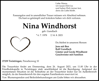 Traueranzeige von Nina Windhorst von SYK