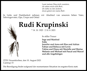 Traueranzeige von Rudi Krupinski von SYK