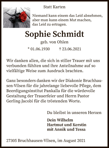 Traueranzeige von Sophie Schmidt von SYK