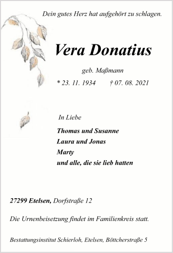 Traueranzeige von Vera Donatius von SYK