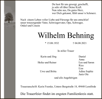 Traueranzeige von Wilhelm Behning von SYK