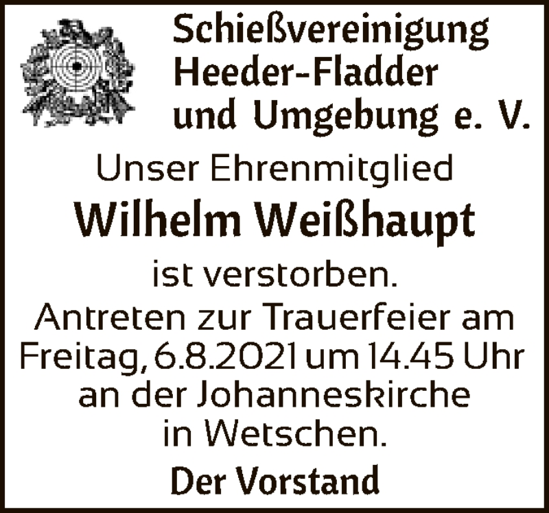  Traueranzeige für Wilhelm Weißhaupt vom 04.08.2021 aus SYK