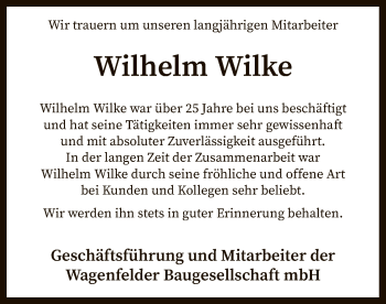 Traueranzeige von Wilhelm Wilke von SYK