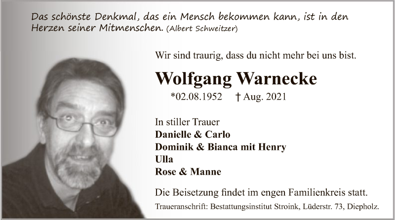  Traueranzeige für Wolfgang Warnecke vom 28.08.2021 aus SYK