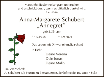 Traueranzeige von Anna-Margarete Schubert
