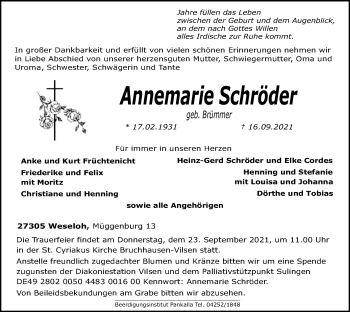 Traueranzeige von Annemarie Schröder von SYK