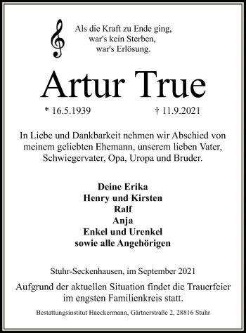 Traueranzeige von Artur True von SYK