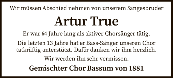 Traueranzeige von Artur True von SYK