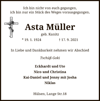 Traueranzeige von Asta Müller von SYK