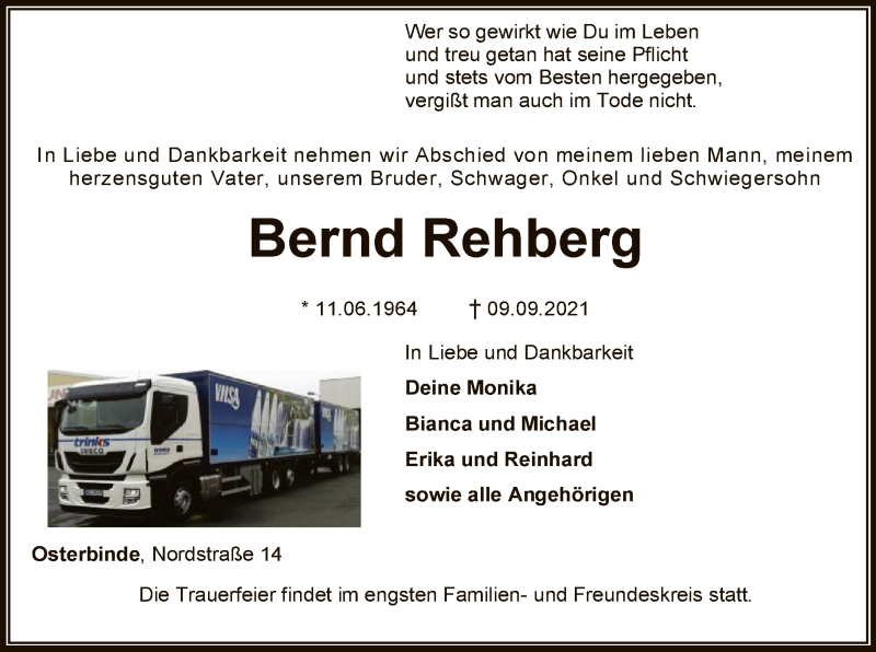  Traueranzeige für Bernd Rehberg vom 11.09.2021 aus SYK