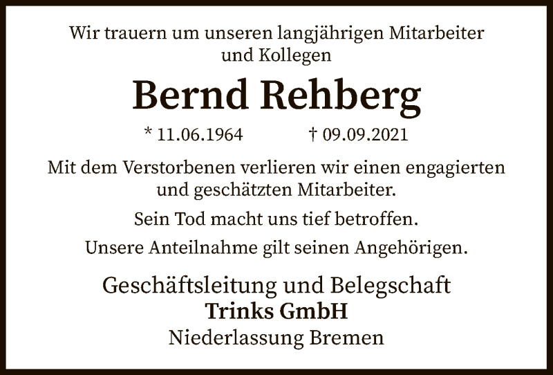  Traueranzeige für Bernd Rehberg vom 11.09.2021 aus SYK