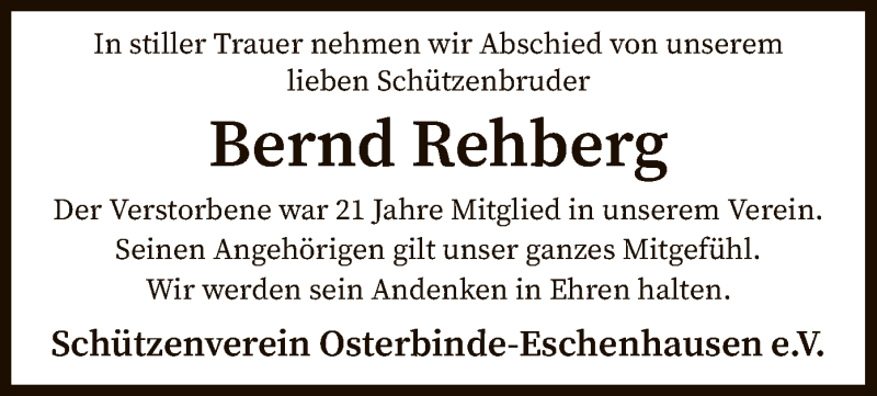  Traueranzeige für Bernd Rehberg vom 14.09.2021 aus SYK