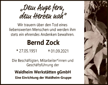 Traueranzeige von Bernd Zock von SYK