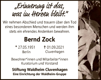 Traueranzeige von Bernd Zock von SYK