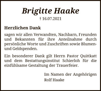 Traueranzeige von Brigitte Haake von SYK