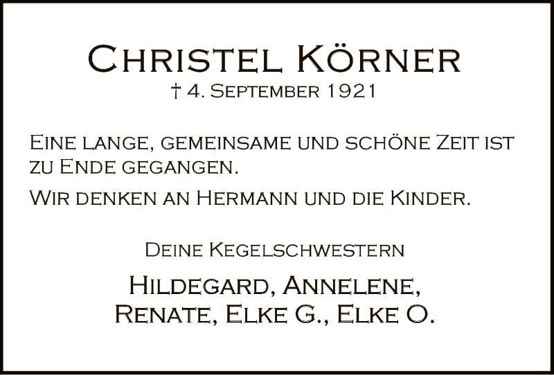  Traueranzeige für Christel Körner vom 08.09.2021 aus SYK