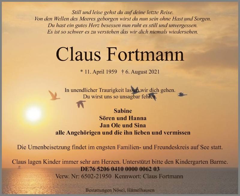  Traueranzeige für Claus Fortmann vom 11.09.2021 aus SYK