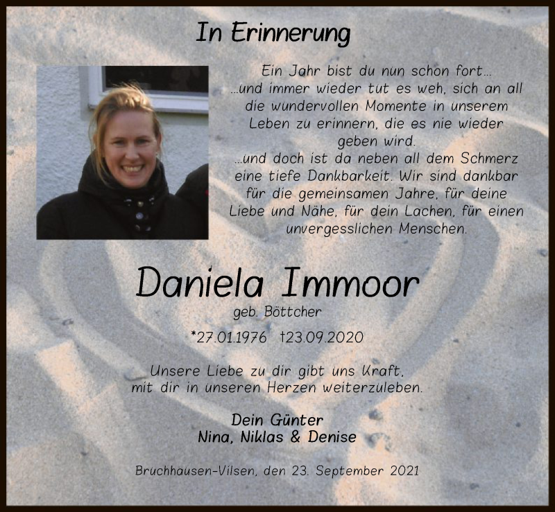  Traueranzeige für Daniela Immoor vom 23.09.2021 aus SYK