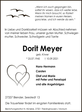 Traueranzeige von Dorit Meyer von SYK