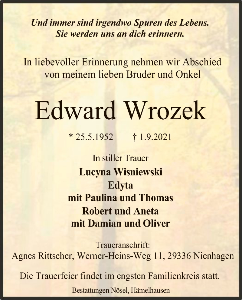  Traueranzeige für Edward Wrozek vom 08.09.2021 aus SYK