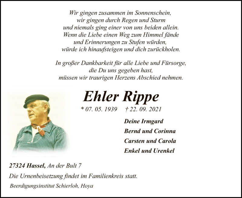  Traueranzeige für Ehler Rippe vom 25.09.2021 aus SYK