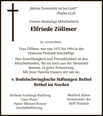 Traueranzeige von Elfriede Zöllmer von SYK